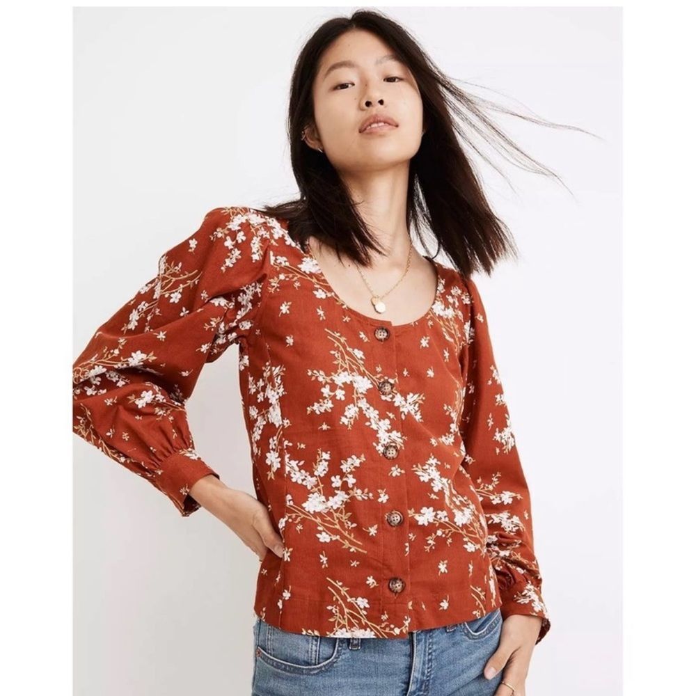 Madewell Corduroy Shirred-Sleeve Button-Front Top In Farmstand Bouquet